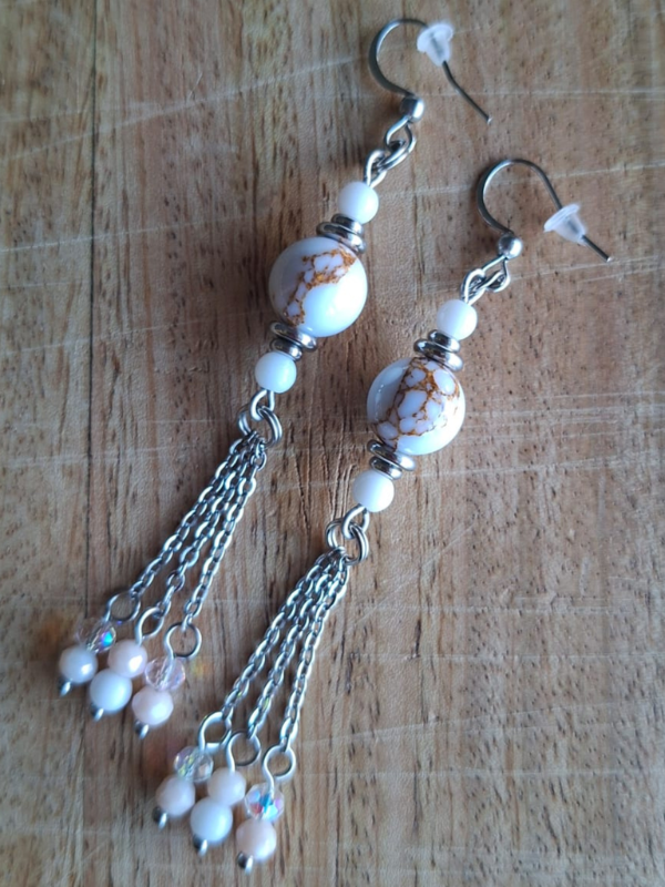 Captivating Stainless Steel Dangle Earrings - Beige, Clear & White