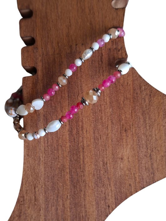 Double Strand Anklet - Coral & Magenta