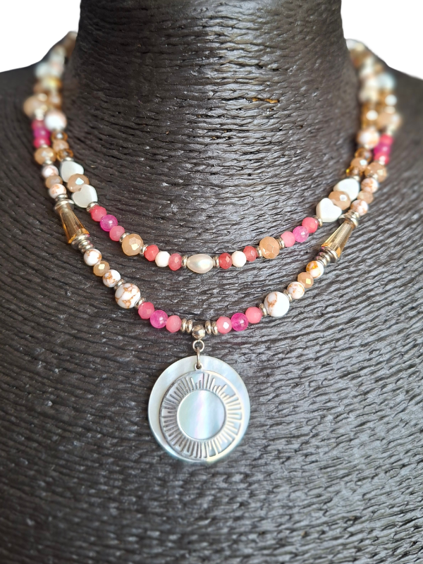 Sunburst Double Strand Necklace - Coral & Magenta