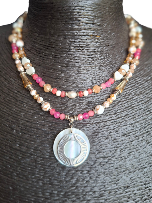 Sunburst Double Strand Necklace - Coral & Magenta