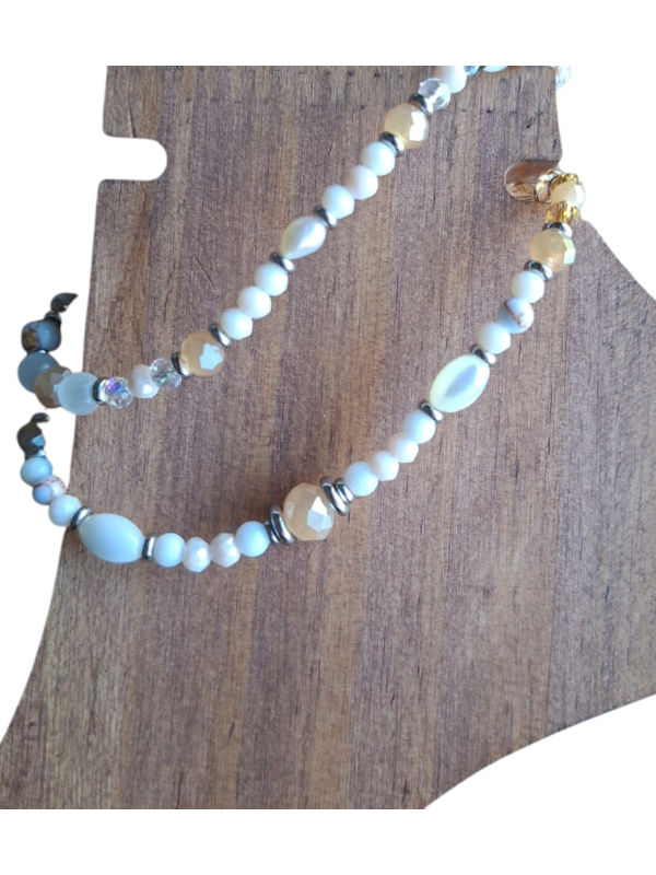 Multifunctional Double Strand Anklet / Upper Arm Adornment - Beige, Clear & White