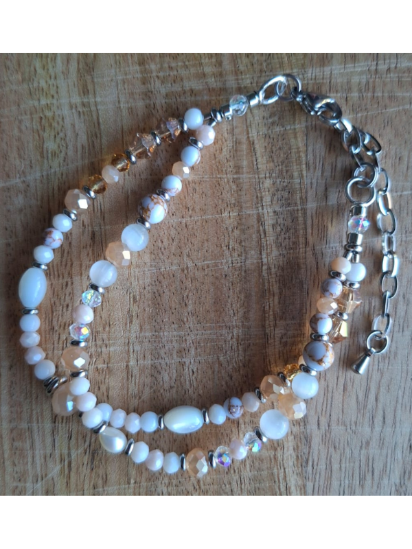 Multifunctional Double Strand Anklet / Upper Arm Adornment - Beige, Clear & White