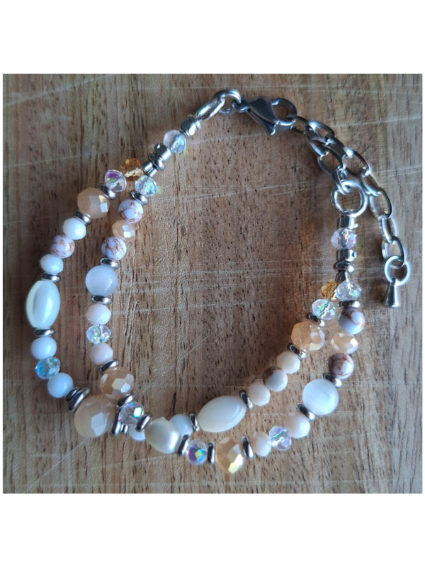 Double Strand Bracelet - Beige, Clear & White