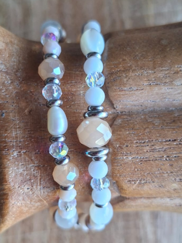 Double Strand Bracelet - Beige, Clear & White