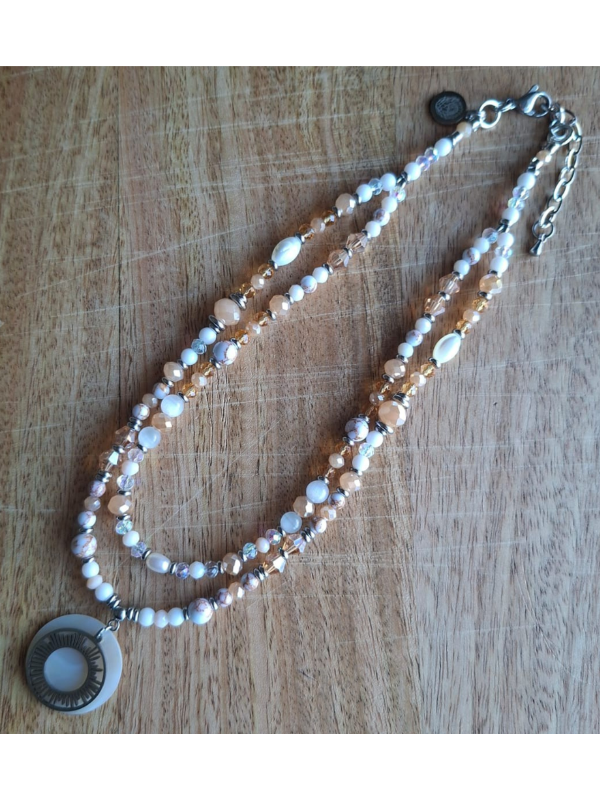 Sunburst Double Strand Necklace - Beige, Clear & White